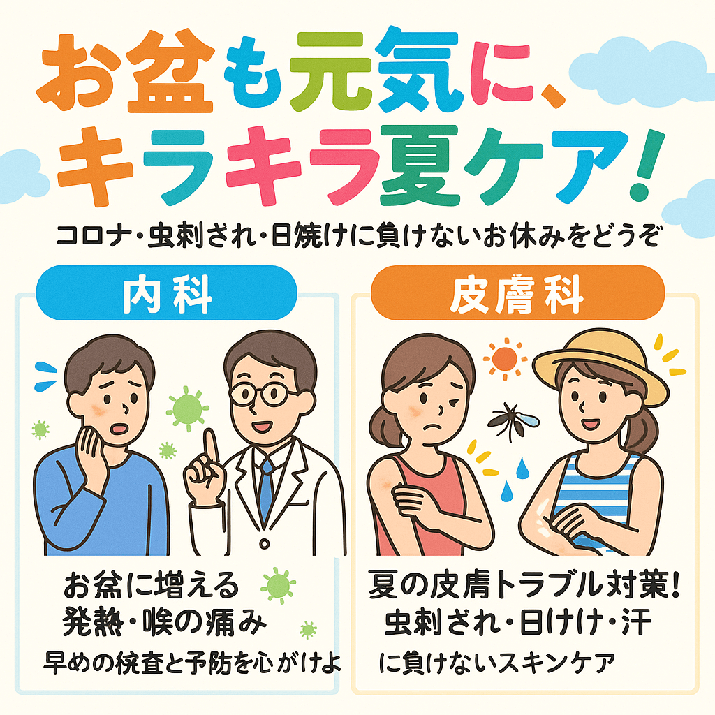 連休中も診療しています！お盆も元気に、キラキラ夏ケア！コロナ・虫刺され・日焼けに負けないお休みをどうぞ